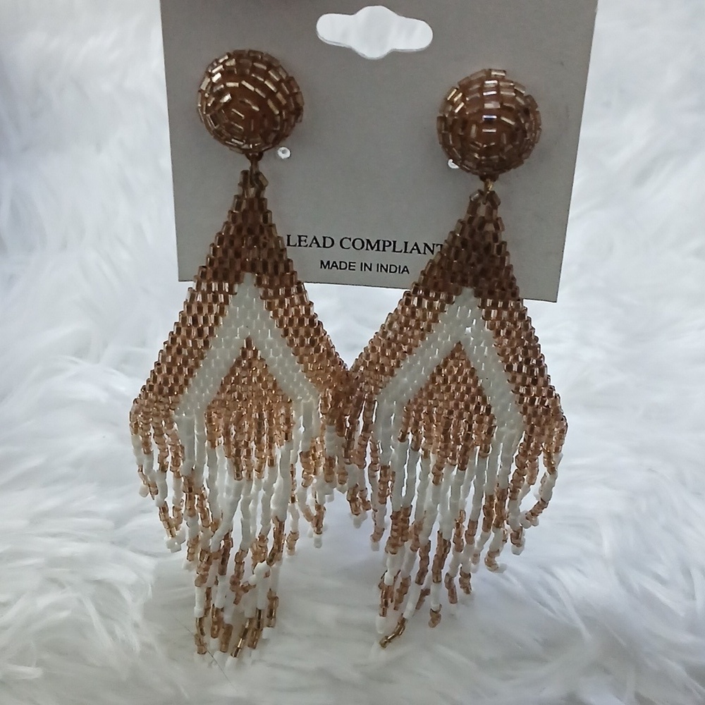 Natasha Couture Gold White Beaded Fringe Boho Festival Sexy Statement Earrings - Picture 5 of 13